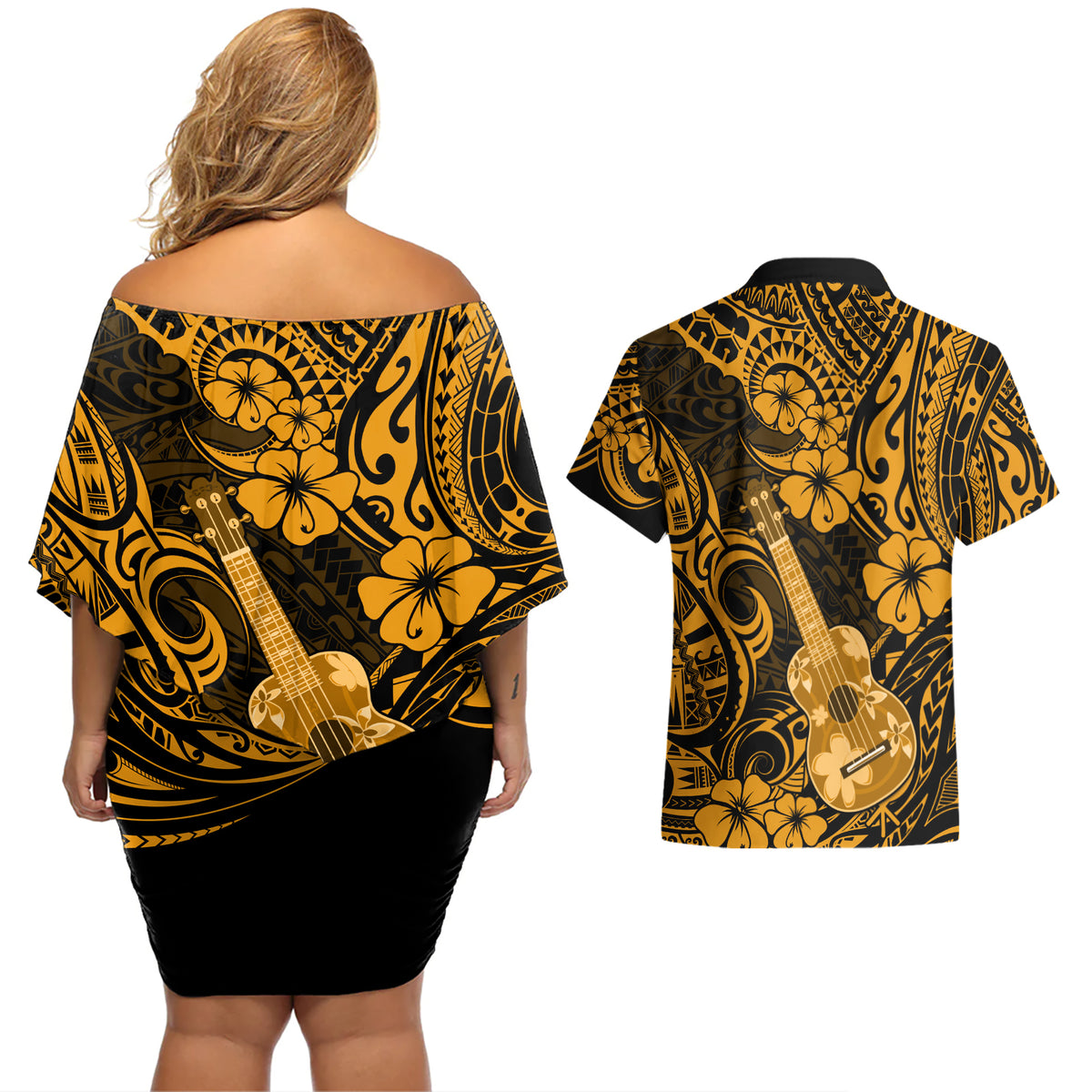 Hawaii Ukulele Couples Matching Off Shoulder Short Dress and Hawaiian Shirt Polynesian Pattern Gold Version LT01 - Polynesian Pride