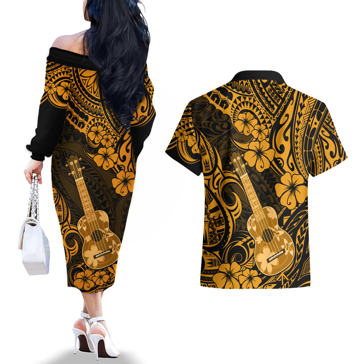 Hawaii Ukulele Couples Matching Off The Shoulder Long Sleeve Dress and Hawaiian Shirt Polynesian Pattern Gold Version LT01 - Polynesian Pride