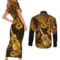 Hawaii Ukulele Couples Matching Short Sleeve Bodycon Dress and Long Sleeve Button Shirts Polynesian Pattern Gold Version LT01 - Polynesian Pride