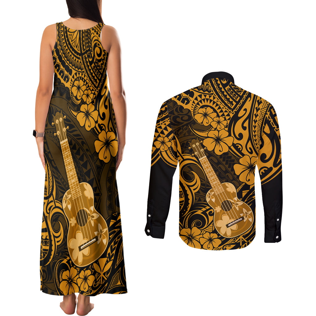 Hawaii Ukulele Couples Matching Tank Maxi Dress and Long Sleeve Button Shirts Polynesian Pattern Gold Version LT01 - Polynesian Pride