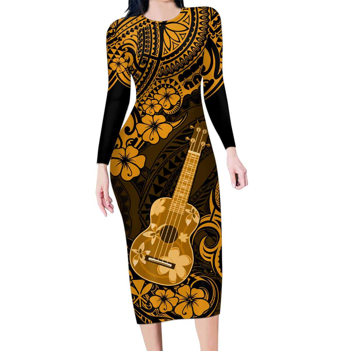 Hawaii Ukulele Family Matching Long Sleeve Bodycon Dress and Hawaiian Shirt Polynesian Pattern Gold Version LT01 Mom's Dress Gold - Polynesian Pride