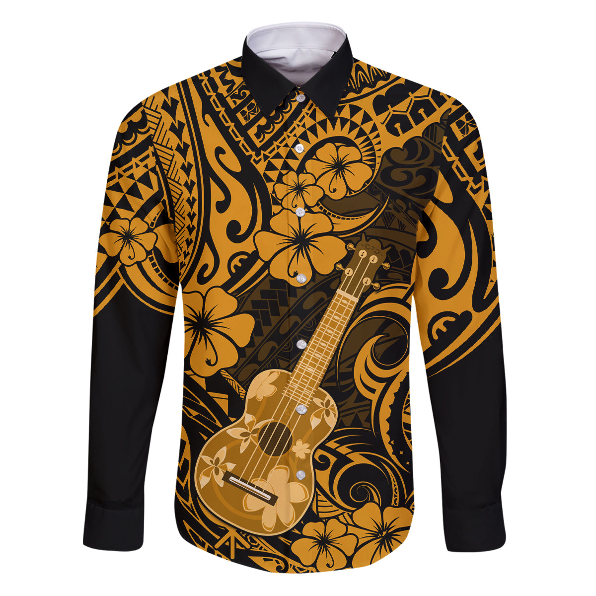 Hawaii Ukulele Family Matching Puletasi Dress and Hawaiian Shirt Polynesian Pattern Gold Version LT01 Dad's Shirt - Long Sleeve Gold - Polynesian Pride