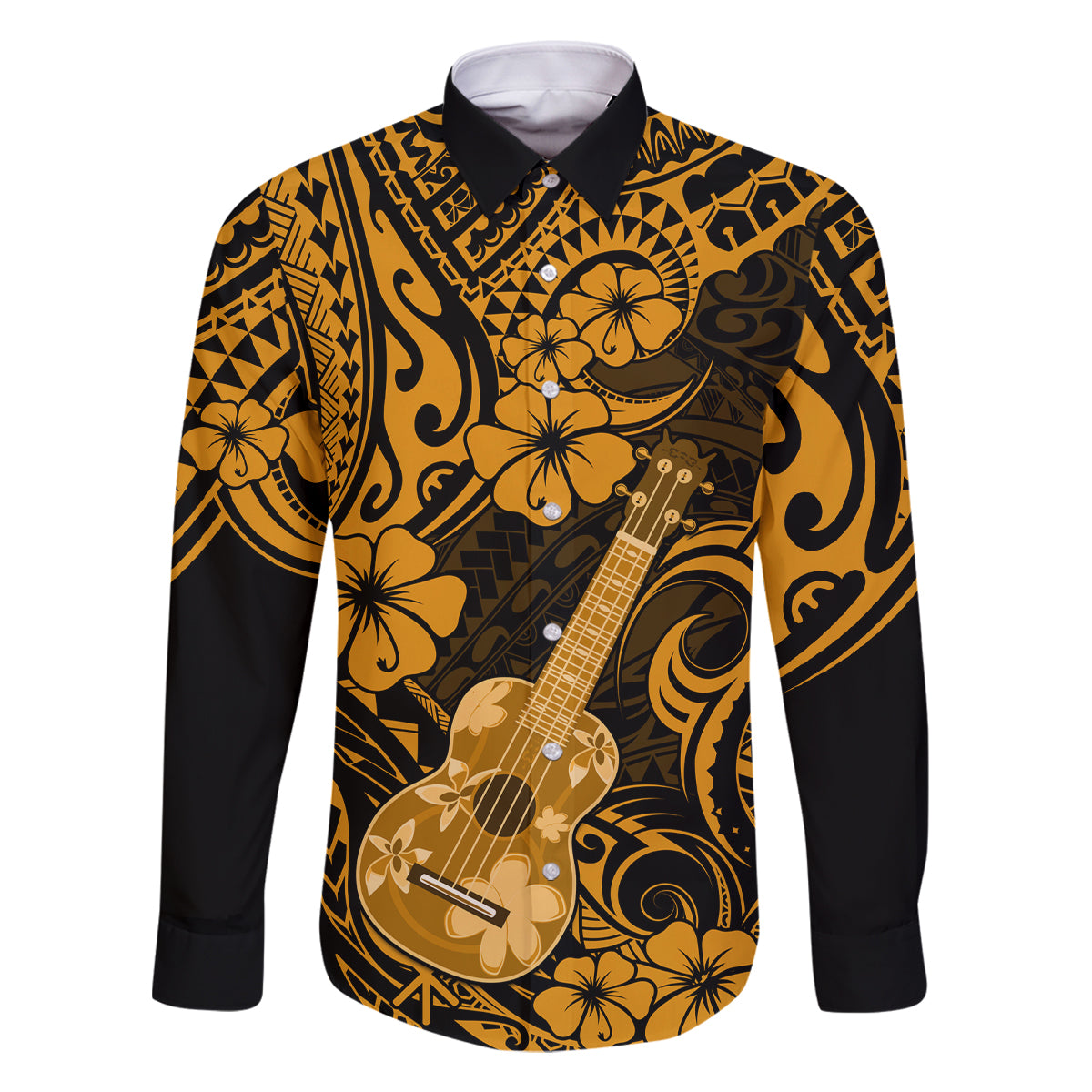 Hawaii Ukulele Family Matching Tank Maxi Dress and Hawaiian Shirt Polynesian Pattern Gold Version LT01 Dad's Shirt - Long Sleeve Gold - Polynesian Pride