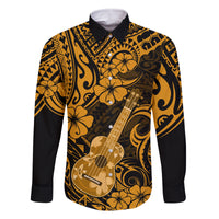Hawaii Ukulele Family Matching Tank Maxi Dress and Hawaiian Shirt Polynesian Pattern Gold Version LT01 Dad's Shirt - Long Sleeve Gold - Polynesian Pride
