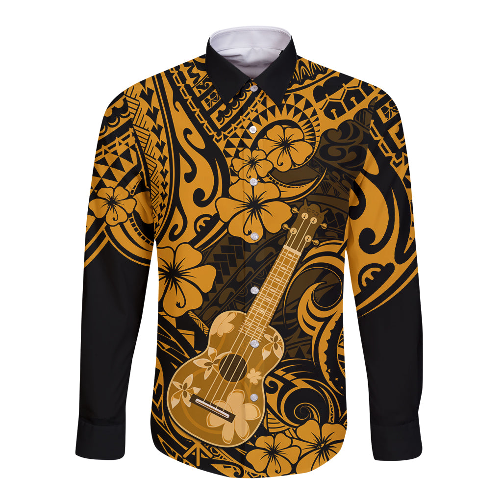 Hawaii Ukulele Long Sleeve Button Shirt Polynesian Pattern Gold Version LT01 Unisex Gold - Polynesian Pride