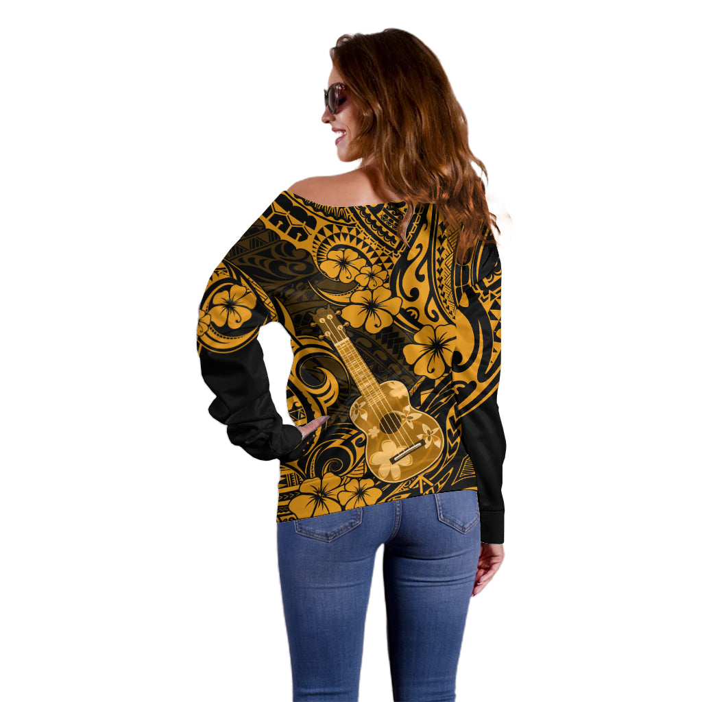 Hawaii Ukulele Off Shoulder Sweater Polynesian Pattern Gold Version LT01 - Polynesian Pride