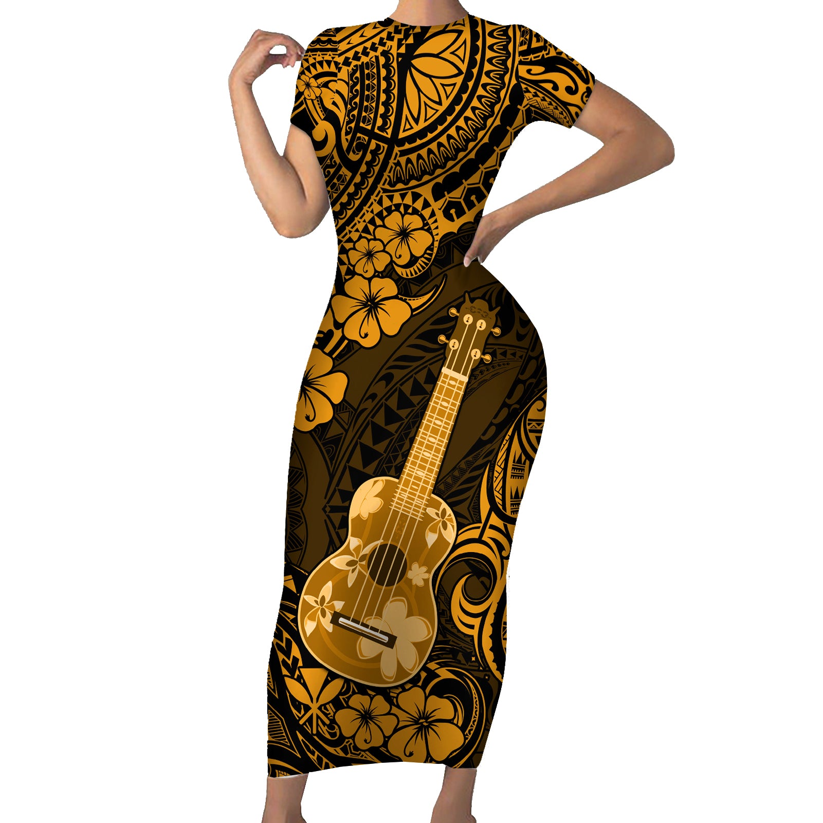 Hawaii Ukulele Short Sleeve Bodycon Dress Polynesian Pattern Gold Version LT01 Long Dress Gold - Polynesian Pride