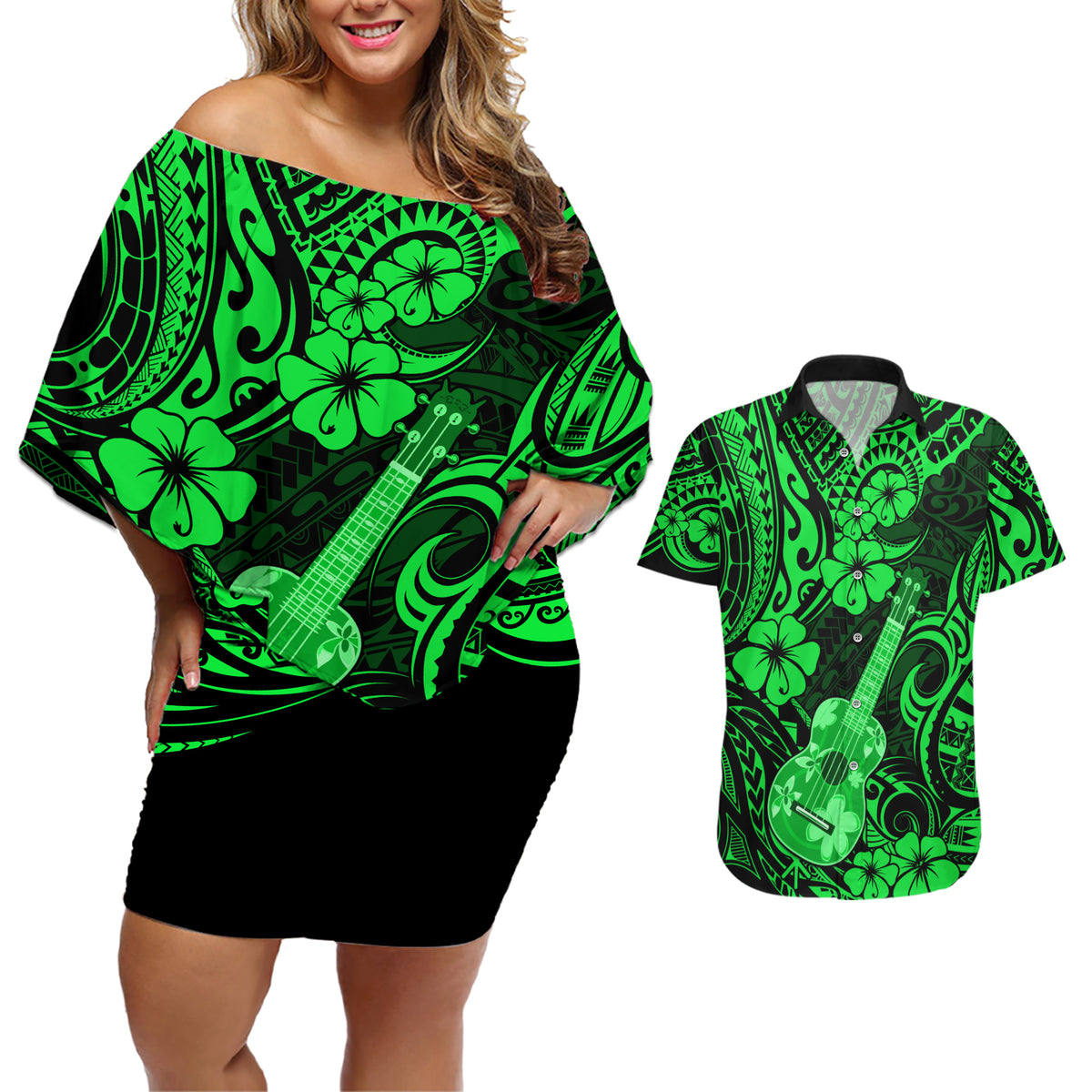 Hawaii Ukulele Couples Matching Off Shoulder Short Dress and Hawaiian Shirt Polynesian Pattern Green Version LT01 Green - Polynesian Pride