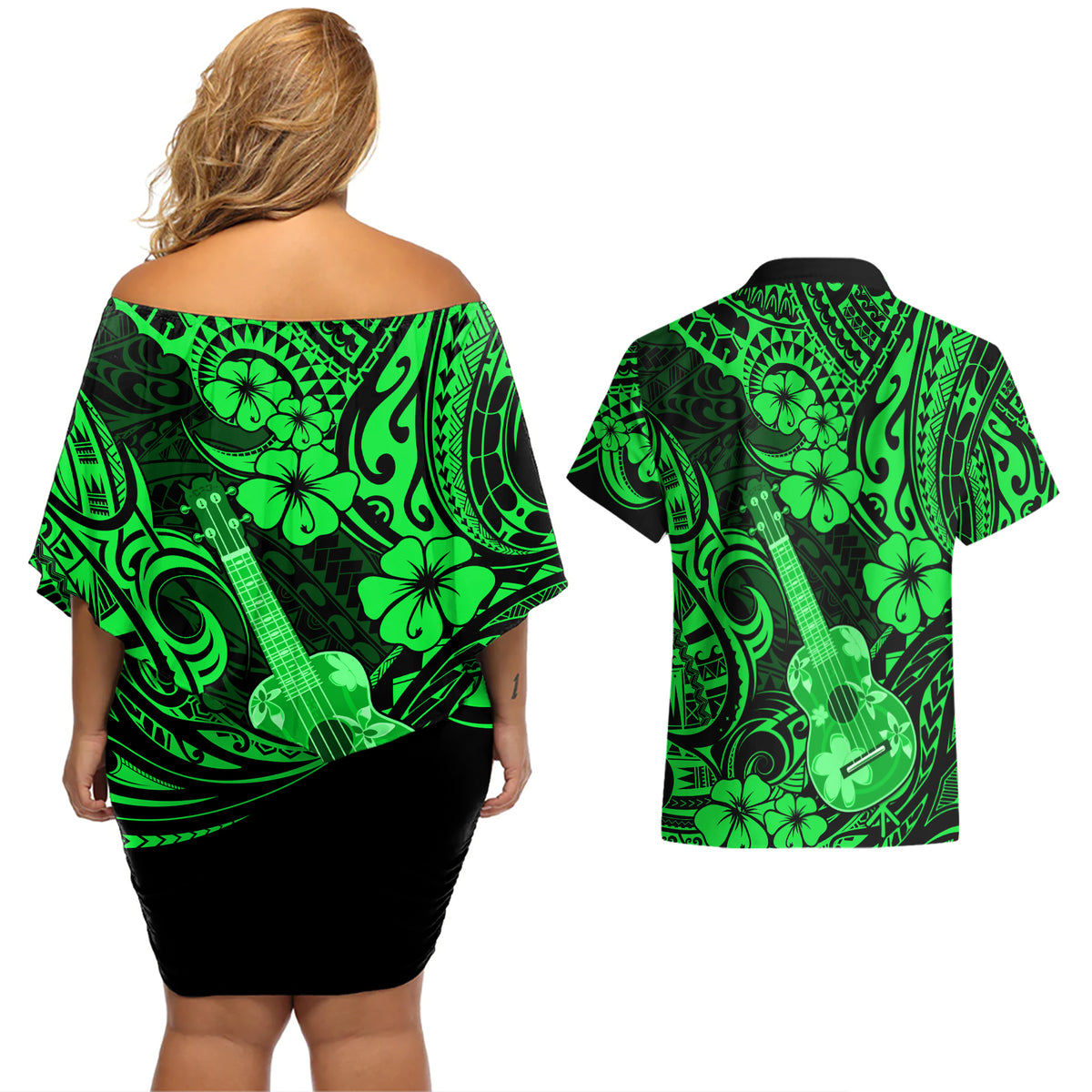Hawaii Ukulele Couples Matching Off Shoulder Short Dress and Hawaiian Shirt Polynesian Pattern Green Version LT01 - Polynesian Pride