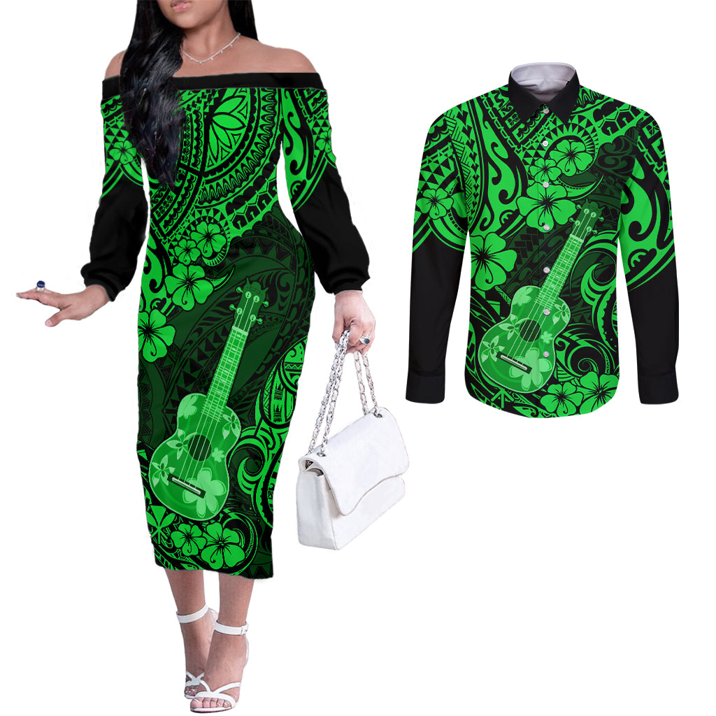 Hawaii Ukulele Couples Matching Off The Shoulder Long Sleeve Dress and Long Sleeve Button Shirts Polynesian Pattern Green Version LT01 Green - Polynesian Pride