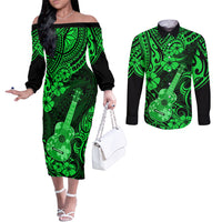 Hawaii Ukulele Couples Matching Off The Shoulder Long Sleeve Dress and Long Sleeve Button Shirts Polynesian Pattern Green Version LT01 Green - Polynesian Pride
