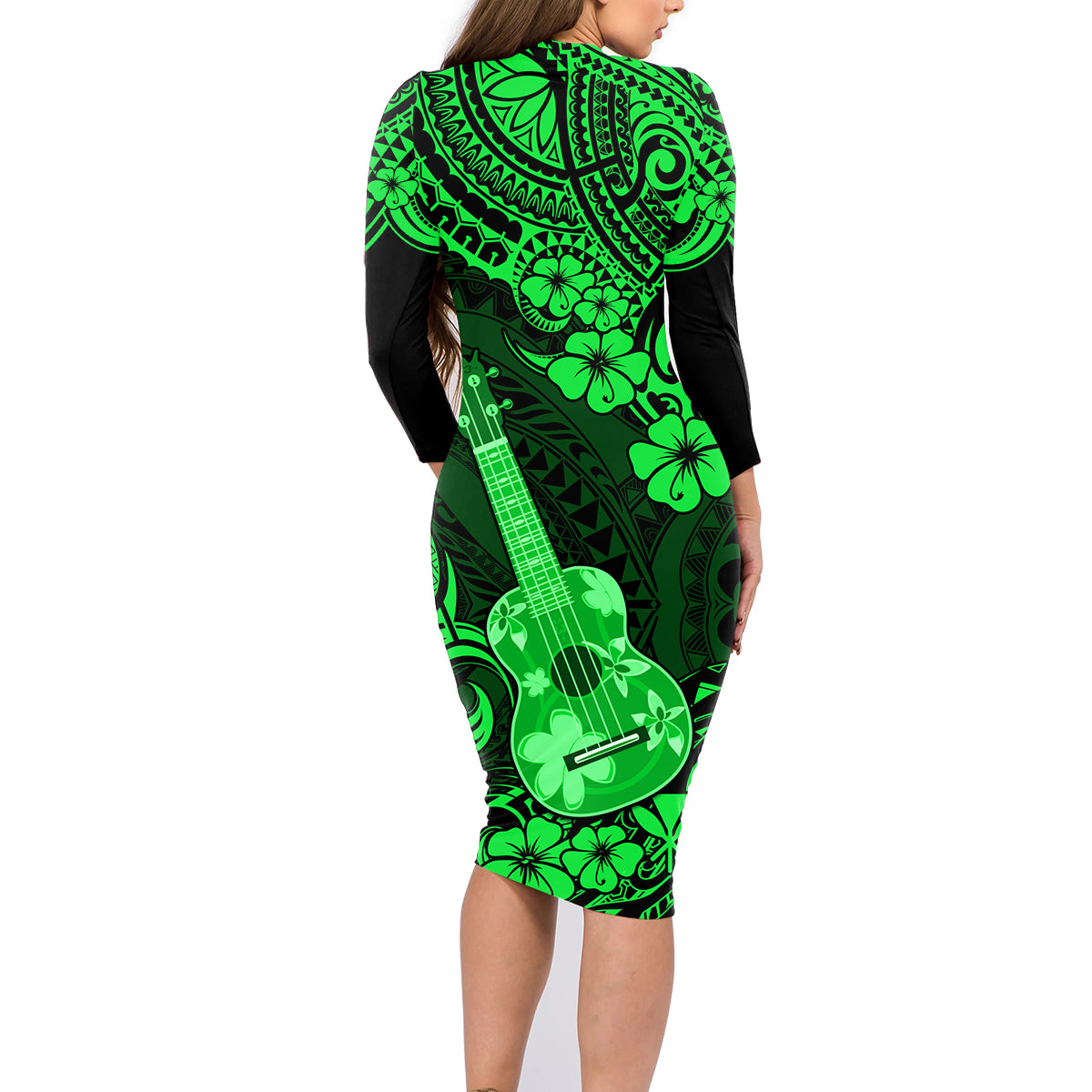 Hawaii Ukulele Family Matching Long Sleeve Bodycon Dress and Hawaiian Shirt Polynesian Pattern Green Version LT01 - Polynesian Pride