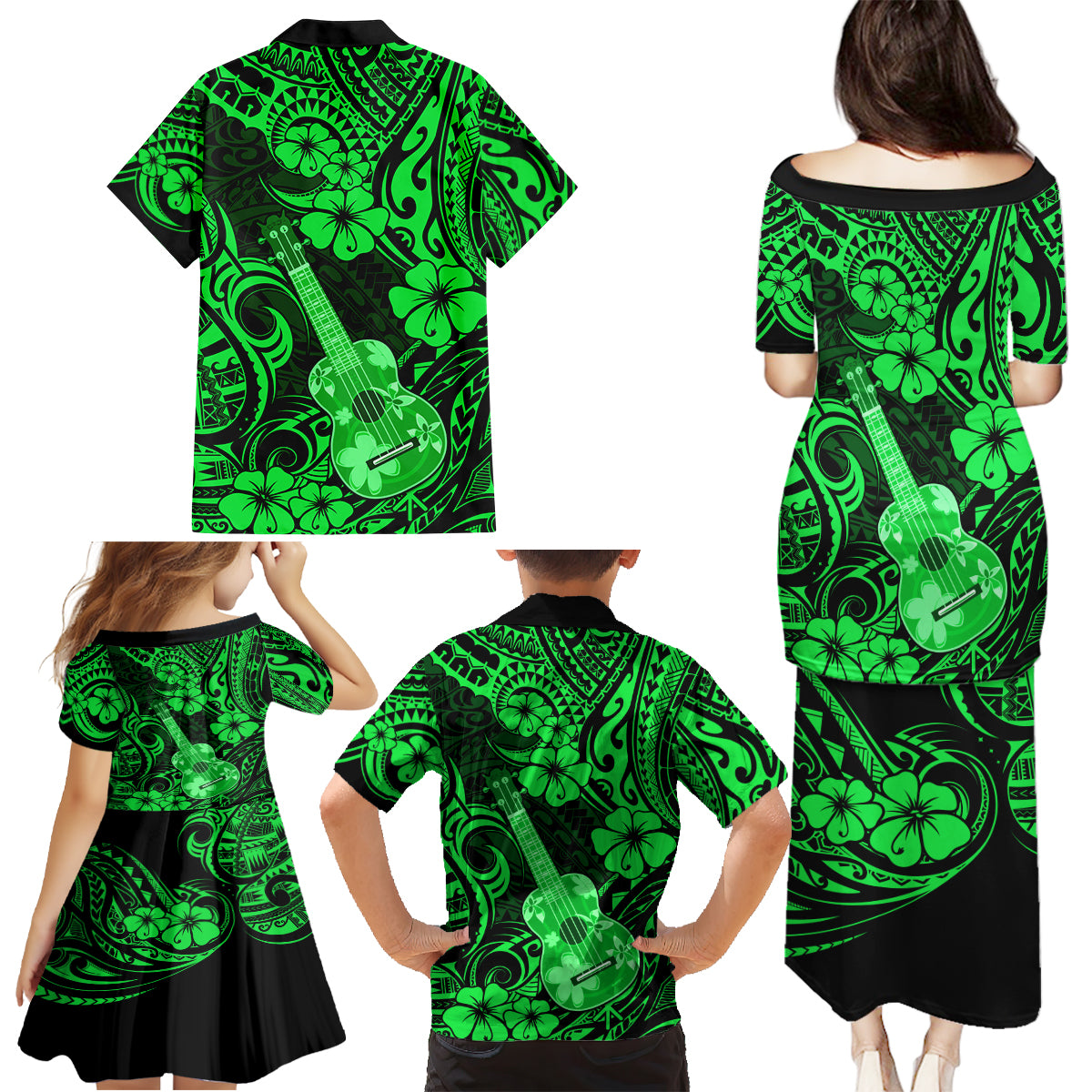 Hawaii Ukulele Family Matching Puletasi Dress and Hawaiian Shirt Polynesian Pattern Green Version LT01 - Polynesian Pride