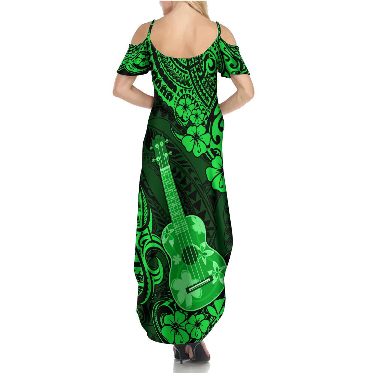 Hawaii Ukulele Family Matching Summer Maxi Dress and Hawaiian Shirt Polynesian Pattern Green Version LT01 - Polynesian Pride