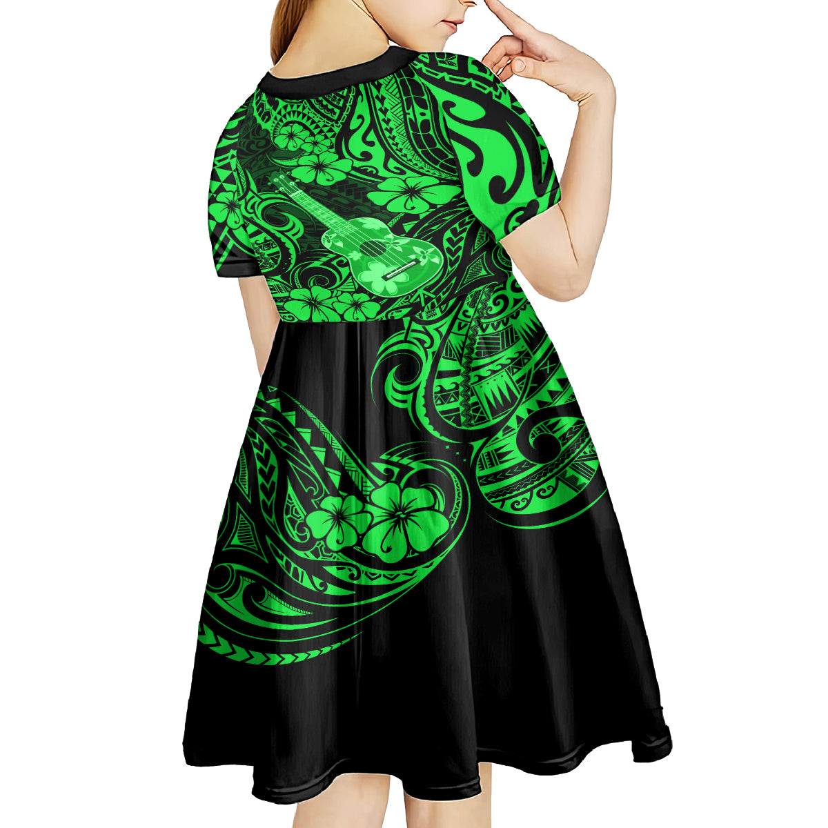 Hawaii Ukulele Kid Short Sleeve Dress Polynesian Pattern Green Version LT01 - Polynesian Pride