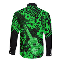 Hawaii Ukulele Long Sleeve Button Shirt Polynesian Pattern Green Version LT01 - Polynesian Pride