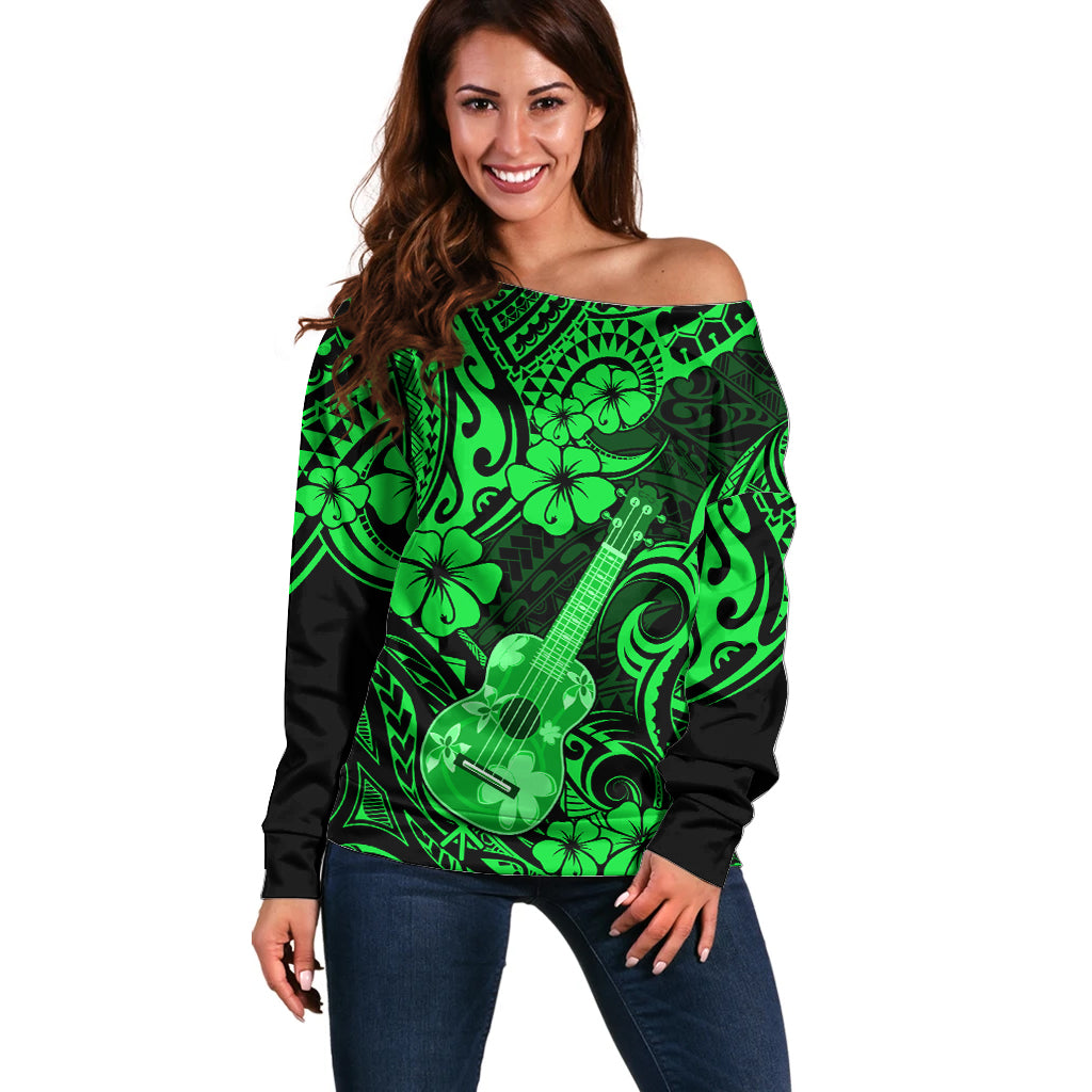 Hawaii Ukulele Off Shoulder Sweater Polynesian Pattern Green Version LT01 Women Green - Polynesian Pride