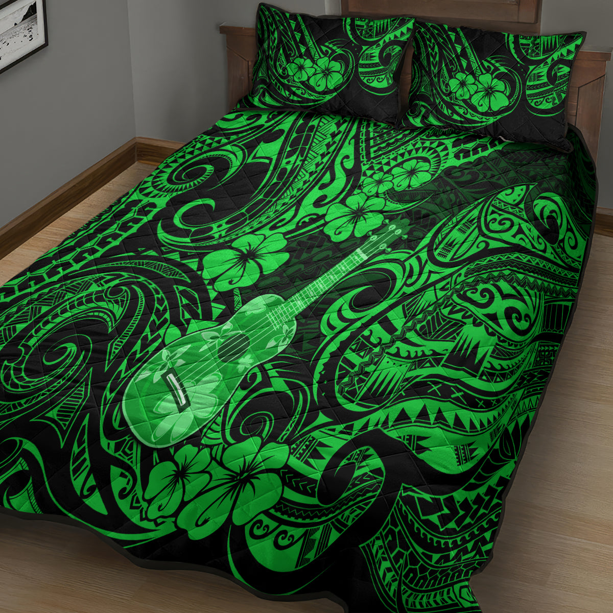 Hawaii Ukulele Quilt Bed Set Polynesian Pattern Green Version LT01 - Polynesian Pride