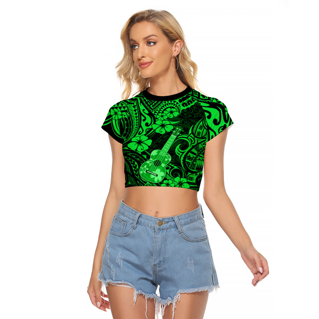 Hawaii Ukulele Raglan Cropped T Shirt Polynesian Pattern Green Version LT01 Female Green - Polynesian Pride
