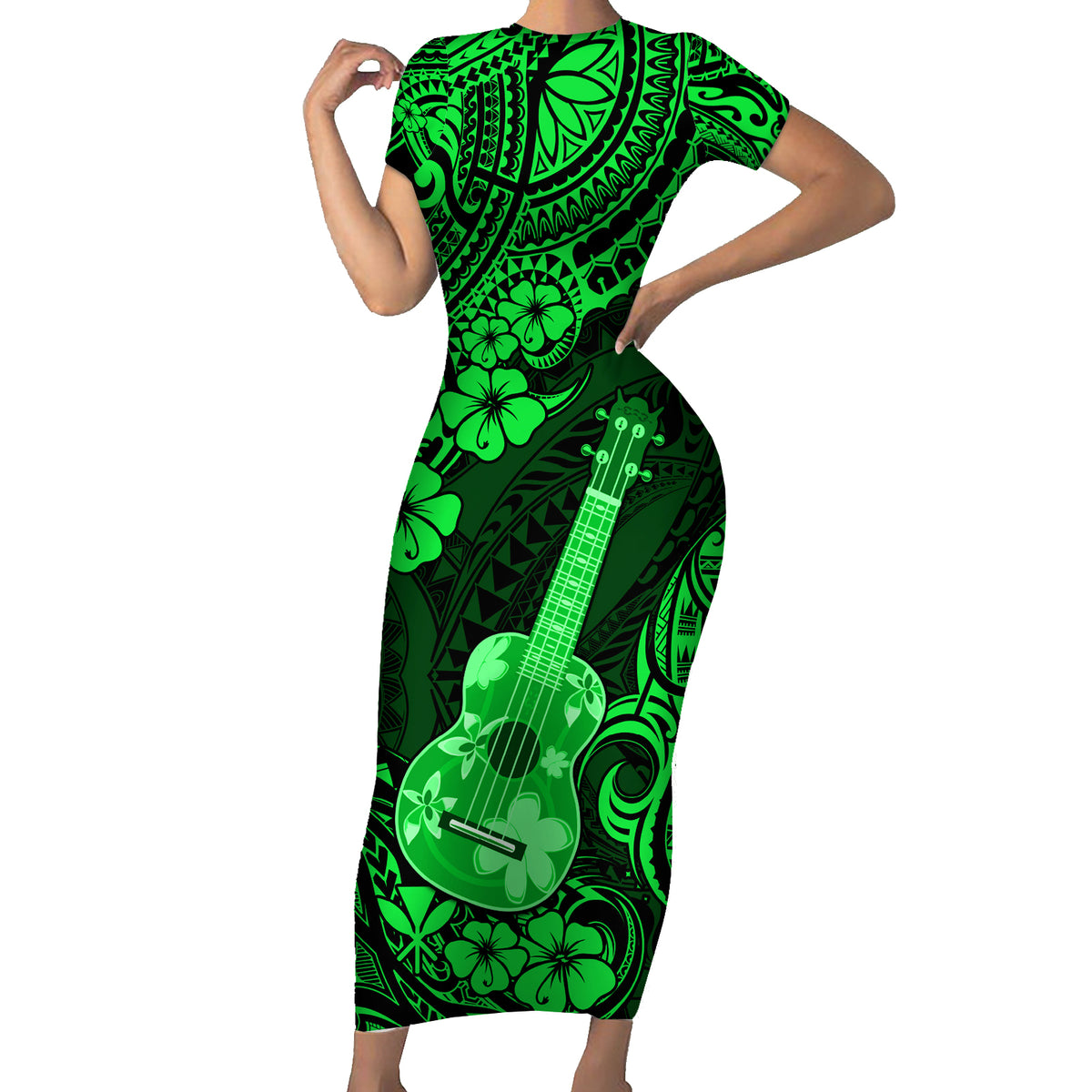 Hawaii Ukulele Short Sleeve Bodycon Dress Polynesian Pattern Green Version LT01 Long Dress Green - Polynesian Pride