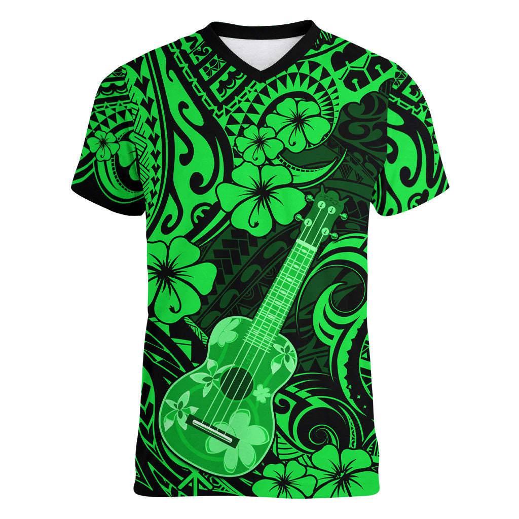 Hawaii Ukulele Women V Neck T Shirt Polynesian Pattern Green Version LT01 Female Green - Polynesian Pride