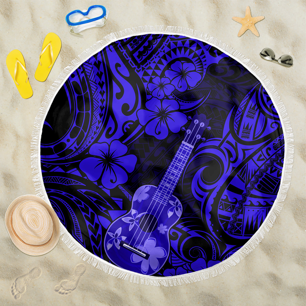 Hawaii Ukulele Beach Blanket Polynesian Pattern Navy Blue Version LT01 One Size 150cm Blue - Wonder Print Shop