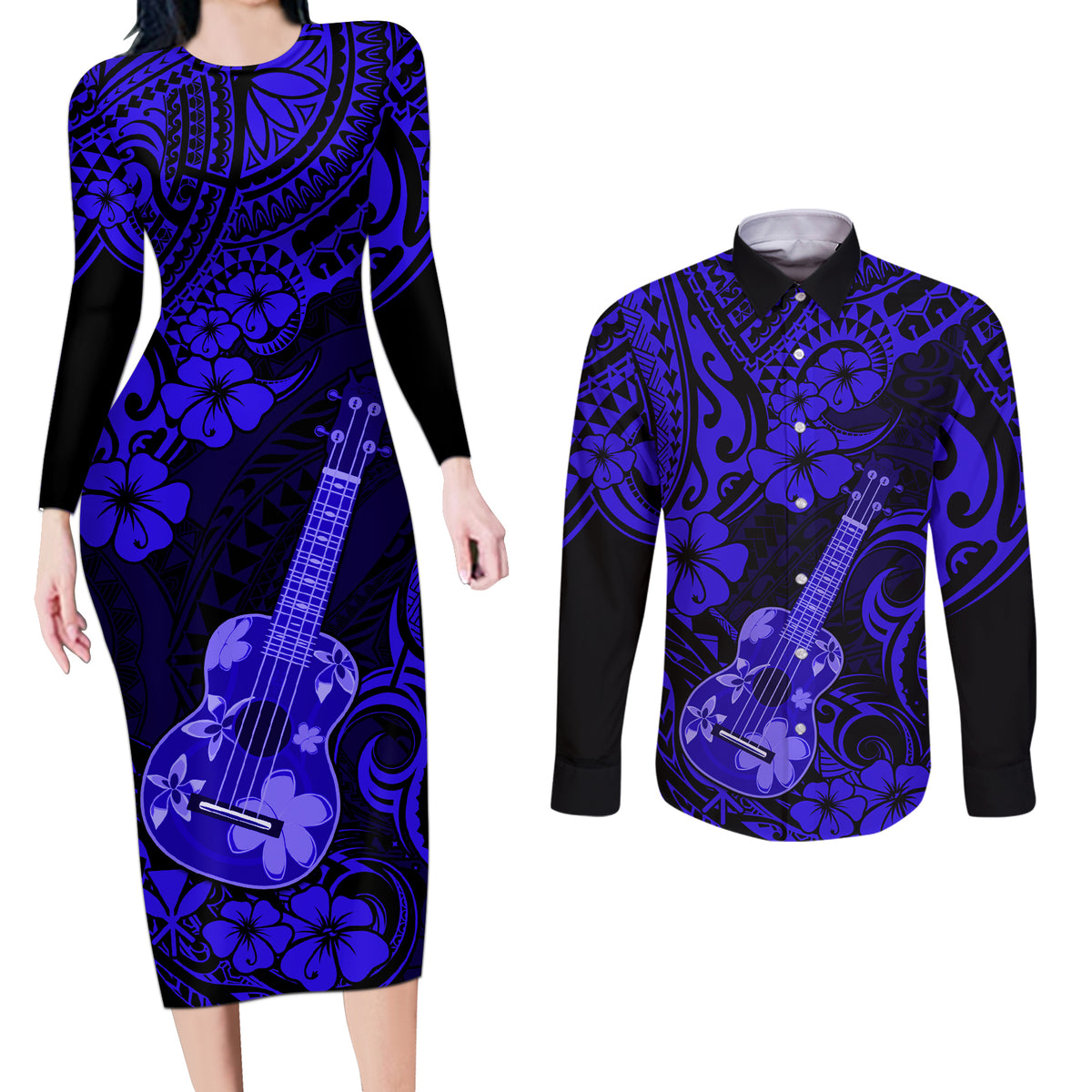 Hawaii Ukulele Couples Matching Long Sleeve Bodycon Dress and Long Sleeve Button Shirts Polynesian Pattern Navy Blue Version LT01 Blue - Polynesian Pride