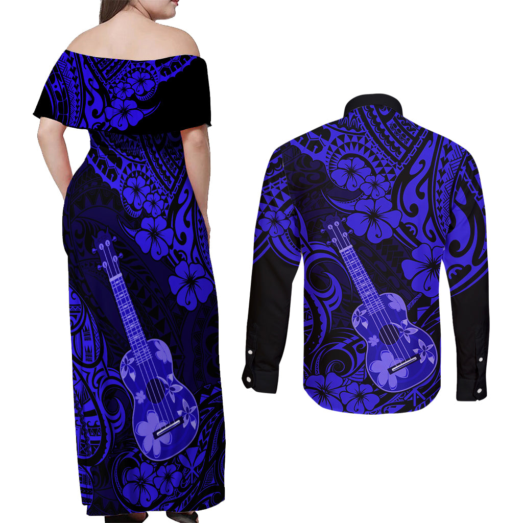 Hawaii Ukulele Couples Matching Off Shoulder Maxi Dress and Long Sleeve Button Shirts Polynesian Pattern Navy Blue Version LT01 - Polynesian Pride