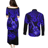 Hawaii Ukulele Couples Matching Puletasi Dress and Long Sleeve Button Shirts Polynesian Pattern Navy Blue Version LT01 - Polynesian Pride