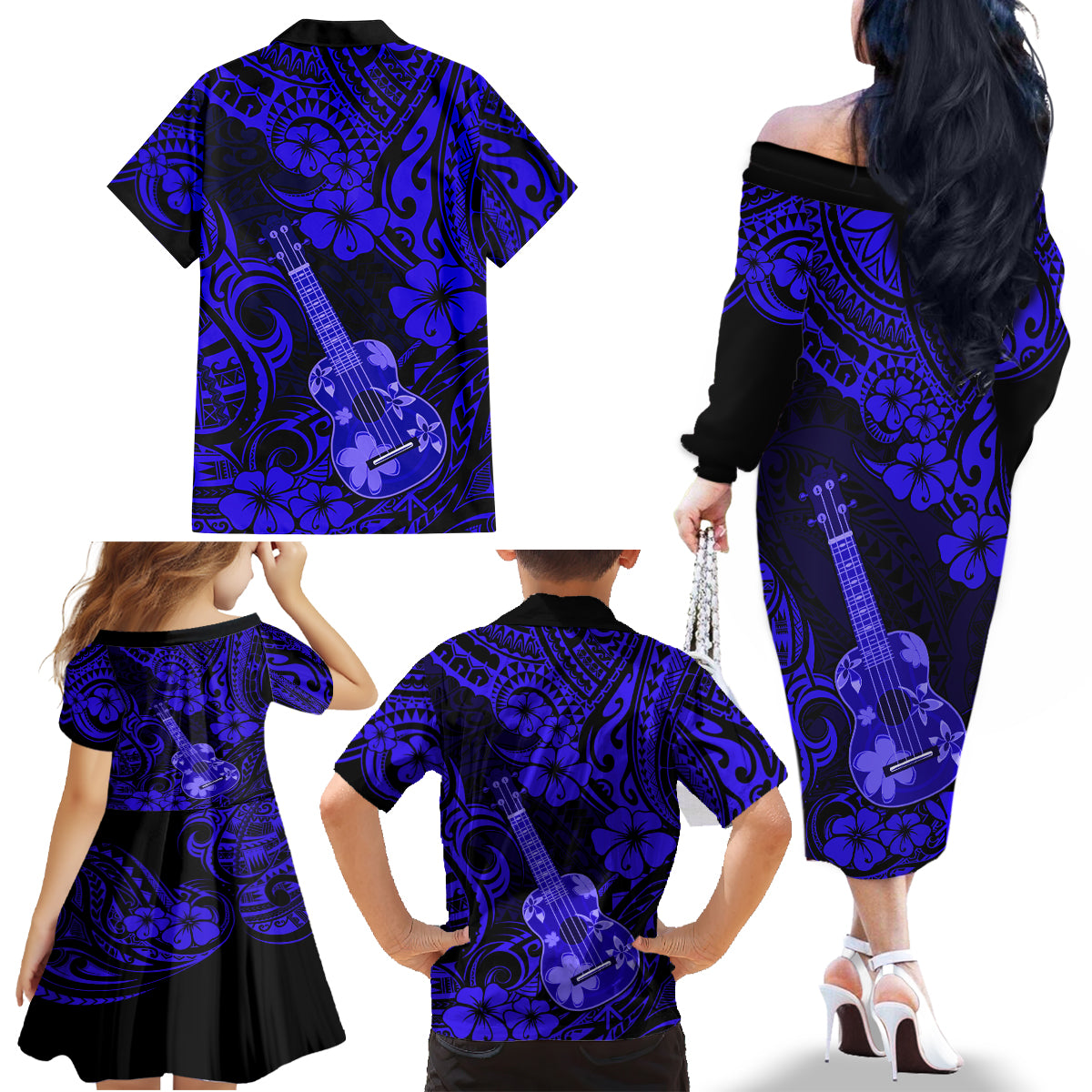 Hawaii Ukulele Family Matching Off Shoulder Long Sleeve Dress and Hawaiian Shirt Polynesian Pattern Navy Blue Version LT01 - Polynesian Pride