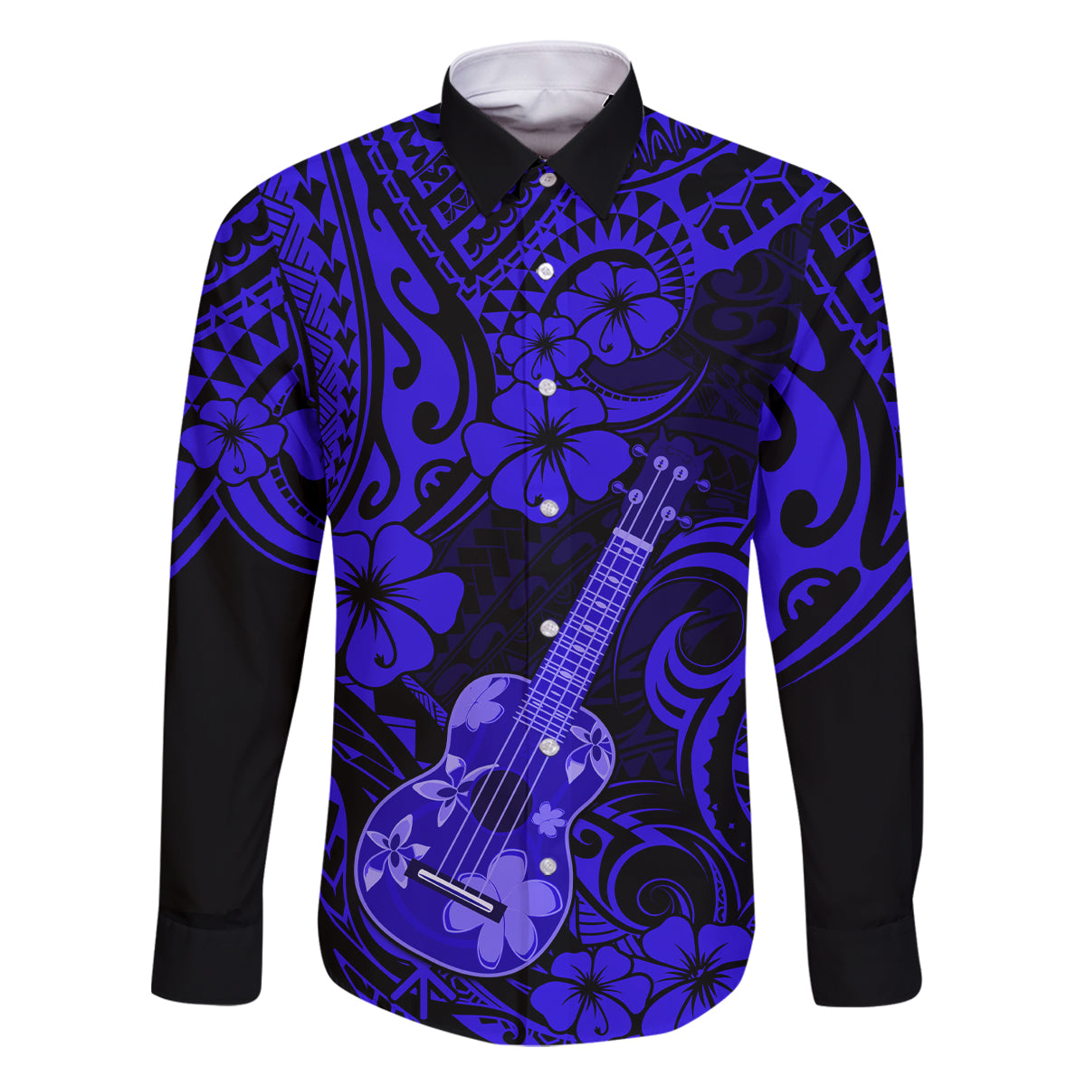 Hawaii Ukulele Family Matching Off Shoulder Maxi Dress and Hawaiian Shirt Polynesian Pattern Navy Blue Version LT01 Dad's Shirt - Long Sleeve Blue - Polynesian Pride