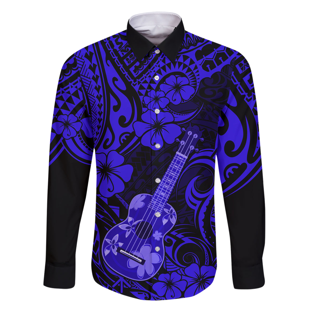 Hawaii Ukulele Family Matching Short Sleeve Bodycon Dress and Hawaiian Shirt Polynesian Pattern Navy Blue Version LT01 Dad's Shirt - Long Sleeve Blue - Polynesian Pride