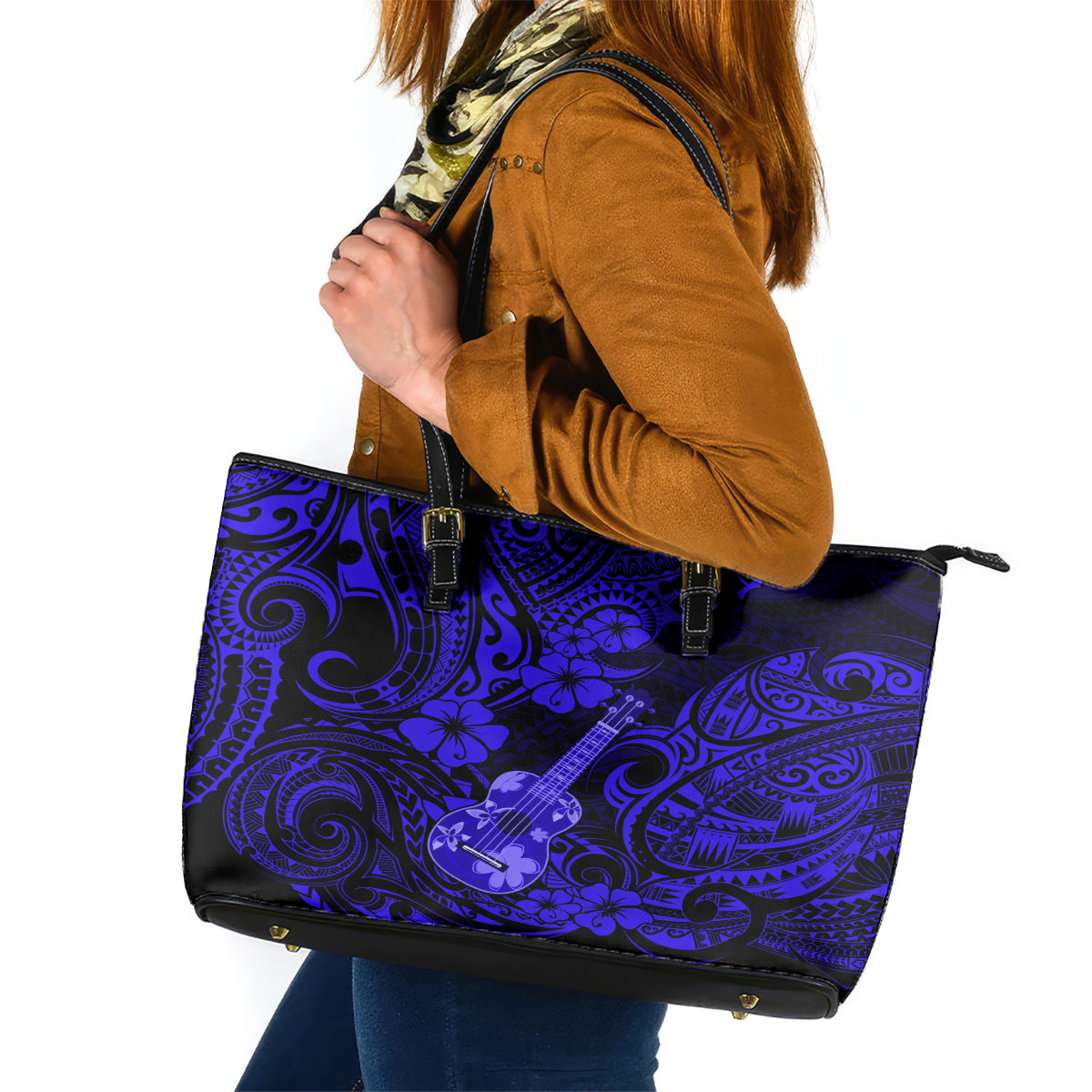 Hawaii Ukulele Leather Tote Bag Polynesian Pattern Navy Blue Version LT01 Blue - Polynesian Pride