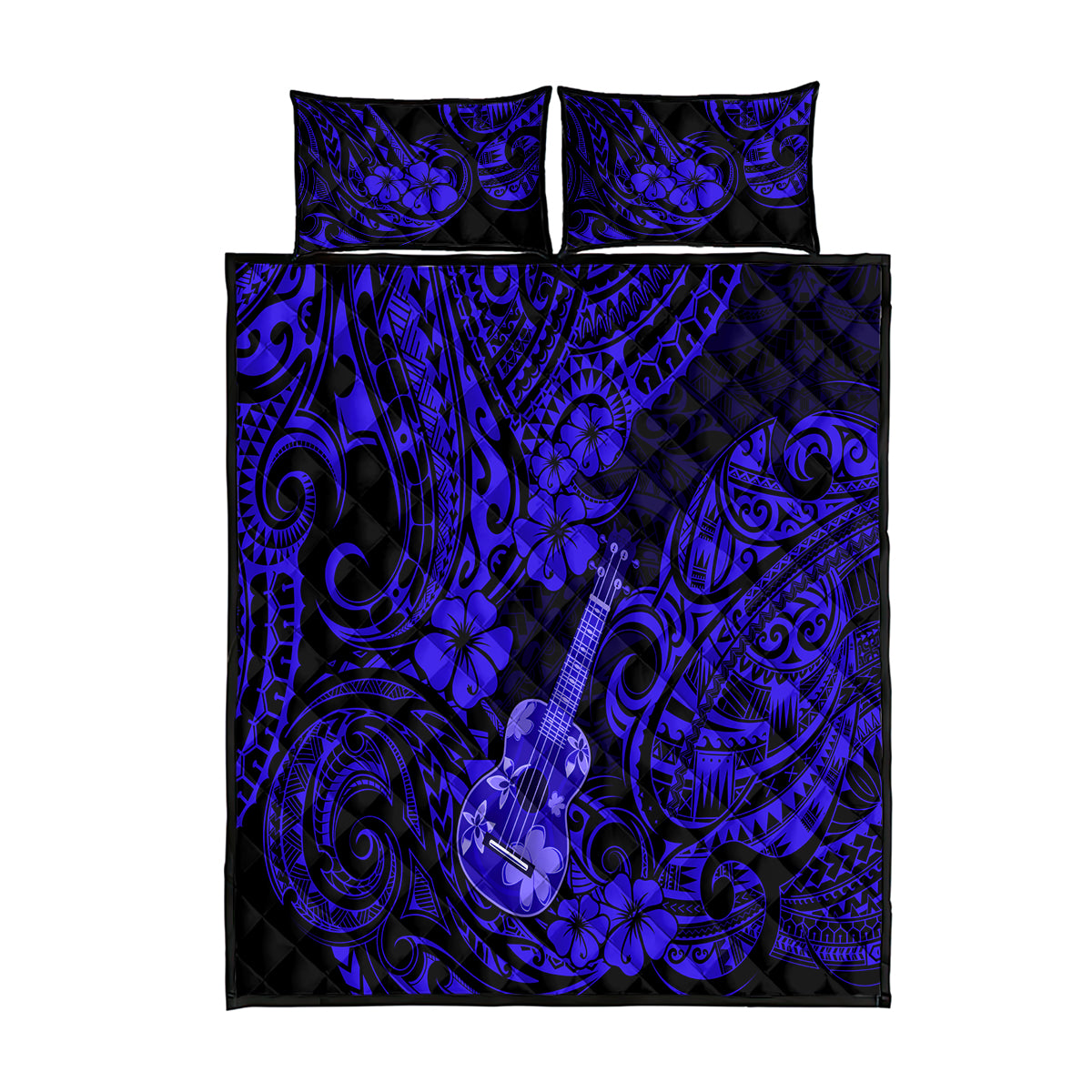 Hawaii Ukulele Quilt Bed Set Polynesian Pattern Navy Blue Version LT01 Blue - Polynesian Pride