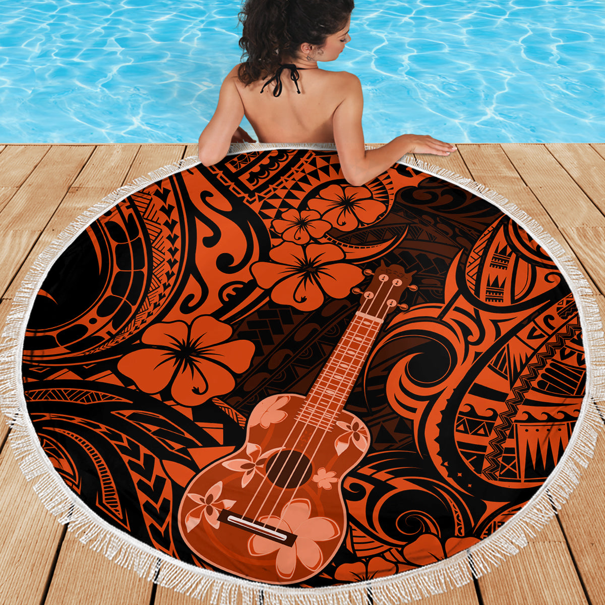 Hawaii Ukulele Beach Blanket Polynesian Pattern Orange Version LT01 - Wonder Print Shop