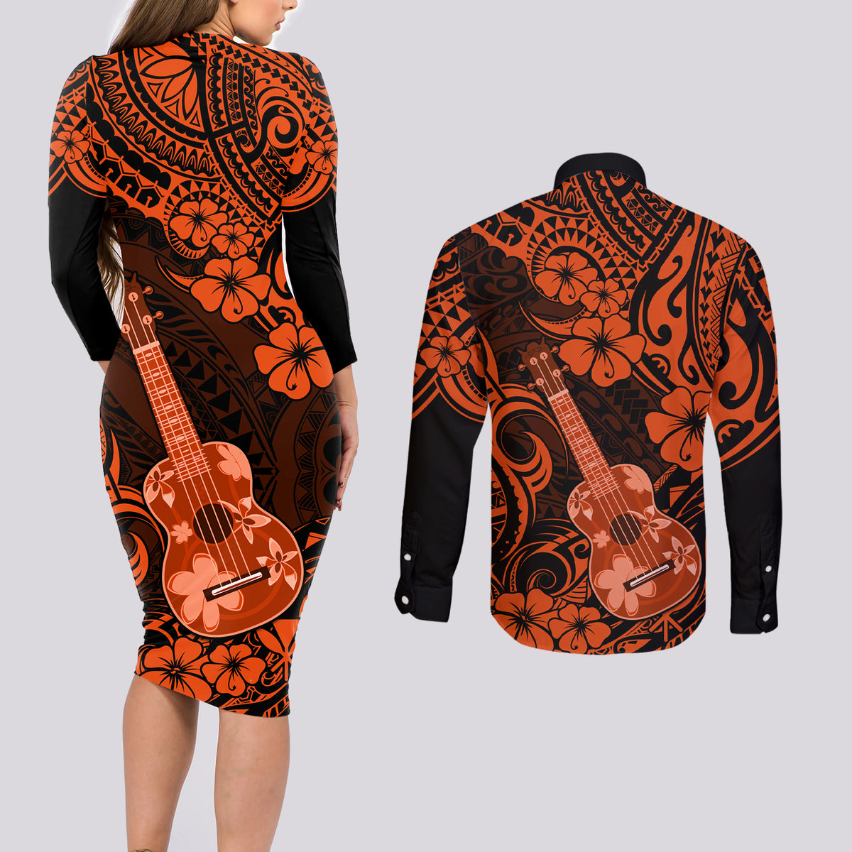 Hawaii Ukulele Couples Matching Long Sleeve Bodycon Dress and Long Sleeve Button Shirts Polynesian Pattern Orange Version LT01 - Polynesian Pride