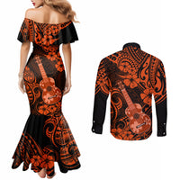 Hawaii Ukulele Couples Matching Mermaid Dress and Long Sleeve Button Shirts Polynesian Pattern Orange Version LT01 - Polynesian Pride