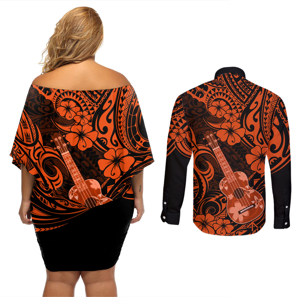 Hawaii Ukulele Couples Matching Off Shoulder Short Dress and Long Sleeve Button Shirts Polynesian Pattern Orange Version LT01 - Polynesian Pride