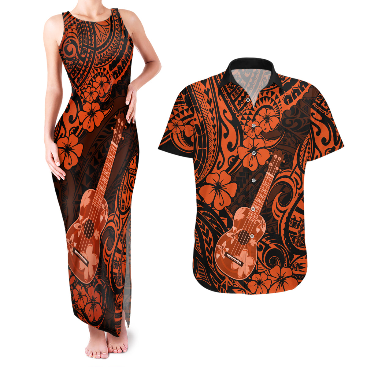 Hawaii Ukulele Couples Matching Tank Maxi Dress and Hawaiian Shirt Polynesian Pattern Orange Version LT01 Orange - Polynesian Pride
