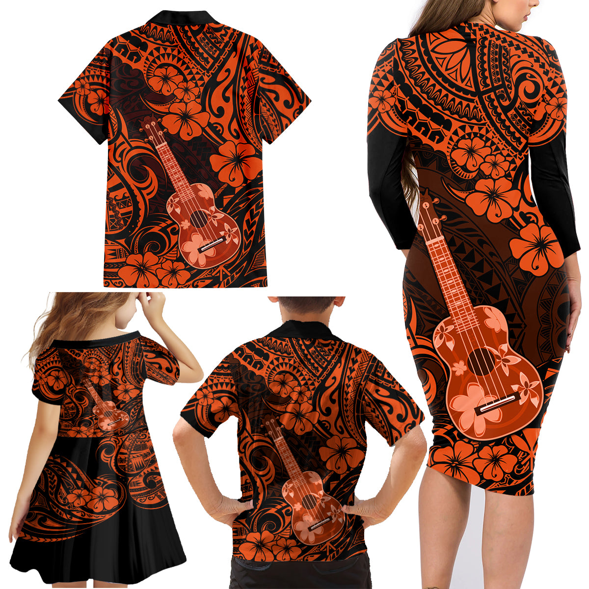 Hawaii Ukulele Family Matching Long Sleeve Bodycon Dress and Hawaiian Shirt Polynesian Pattern Orange Version LT01 - Polynesian Pride