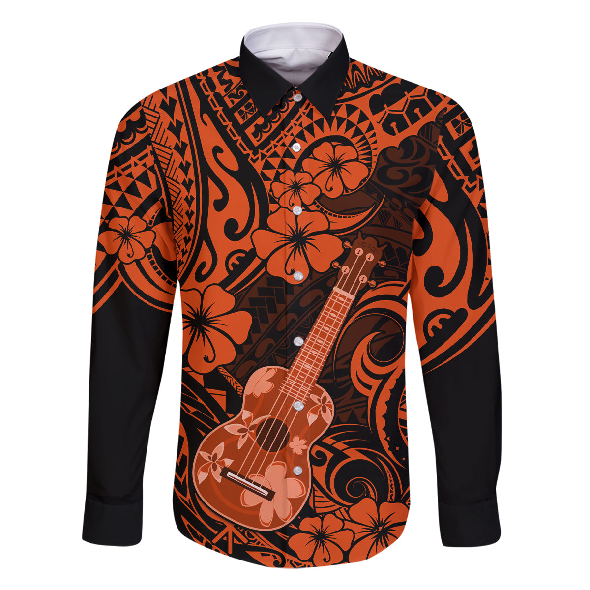 Hawaii Ukulele Family Matching Summer Maxi Dress and Hawaiian Shirt Polynesian Pattern Orange Version LT01 Dad's Shirt - Long Sleeve Orange - Polynesian Pride