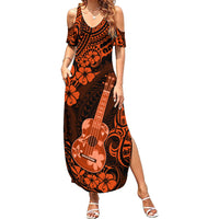 Hawaii Ukulele Family Matching Summer Maxi Dress and Hawaiian Shirt Polynesian Pattern Orange Version LT01 Mom's Dress Orange - Polynesian Pride