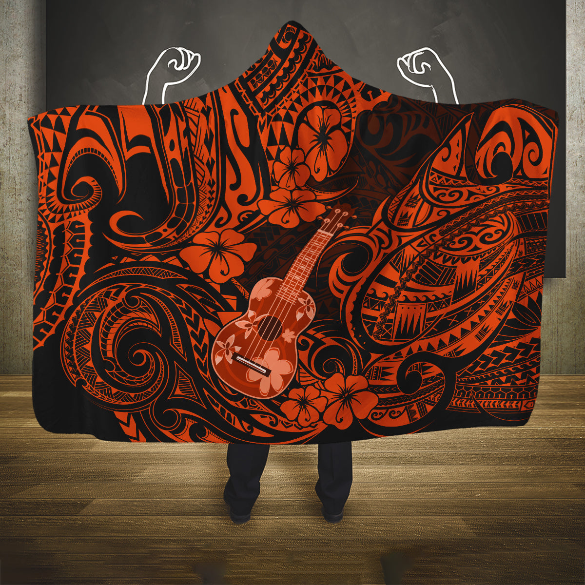 Hawaii Ukulele Hooded Blanket Polynesian Pattern Orange Version LT01 One Size Orange - Polynesian Pride