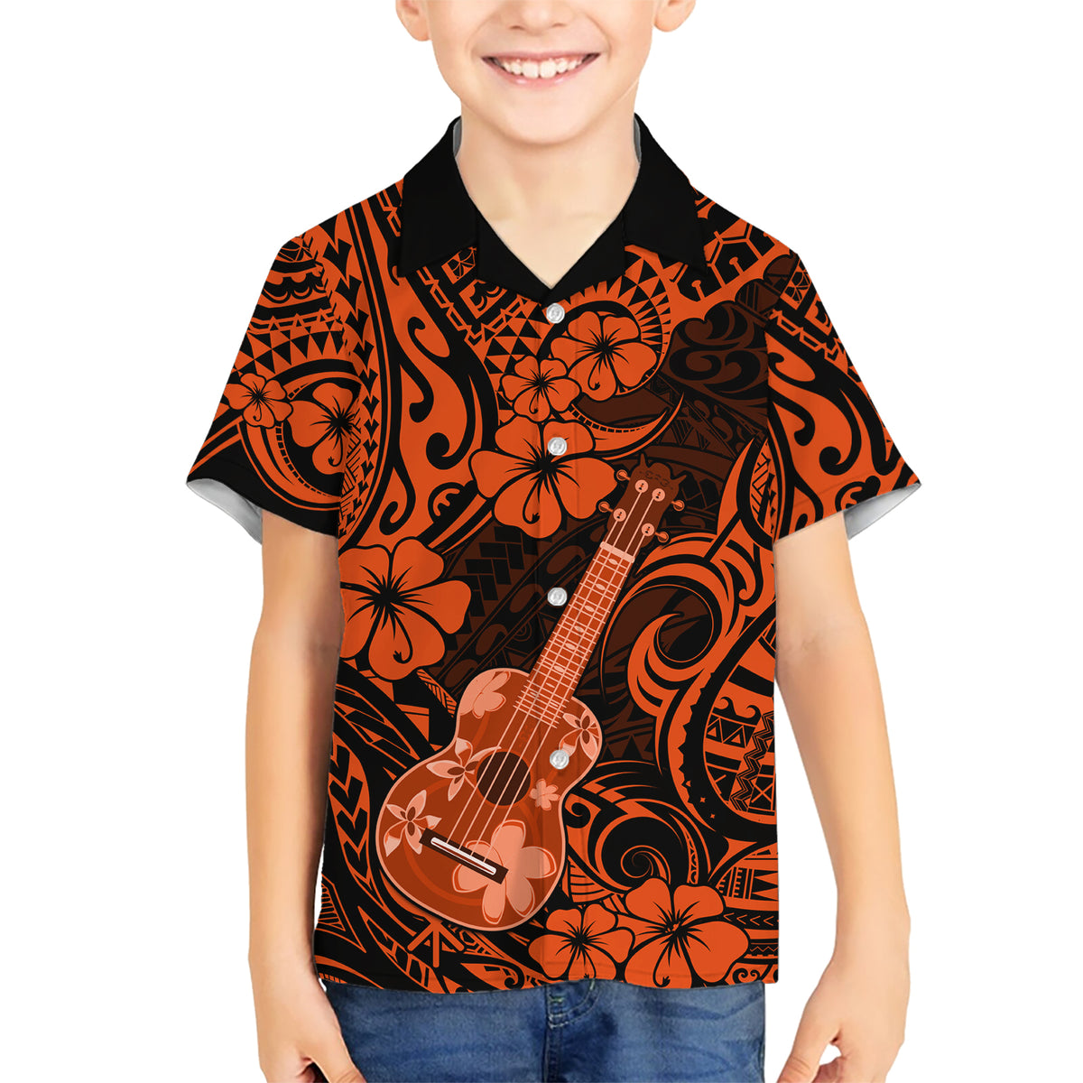 Hawaii Ukulele Kid Hawaiian Shirt Polynesian Pattern Orange Version LT01 Kid Orange - Polynesian Pride
