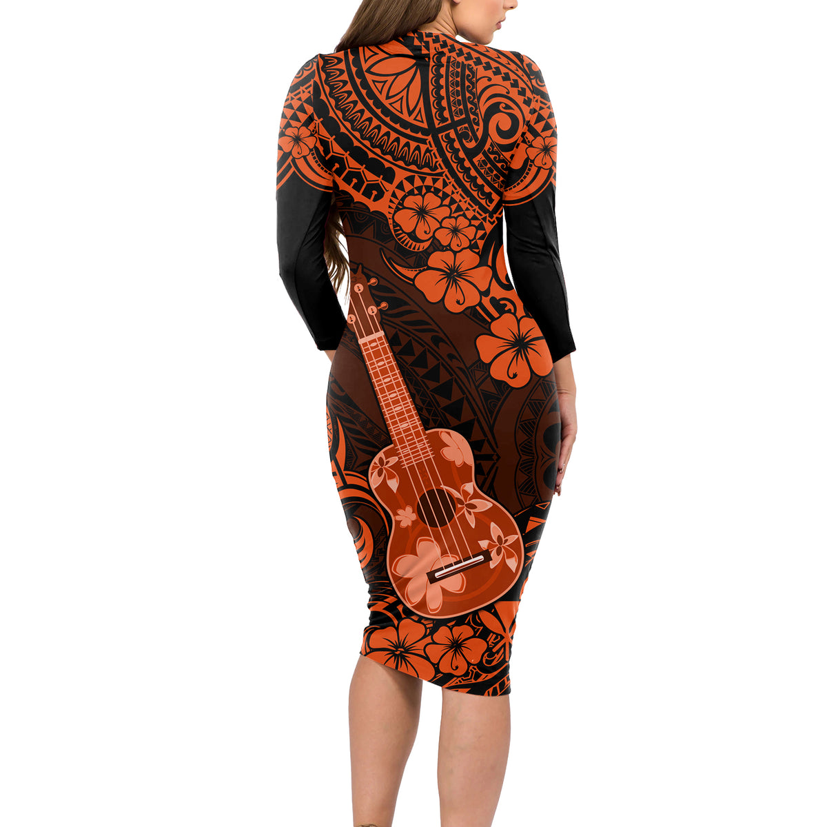 Hawaii Ukulele Long Sleeve Bodycon Dress Polynesian Pattern Orange Version LT01 - Polynesian Pride