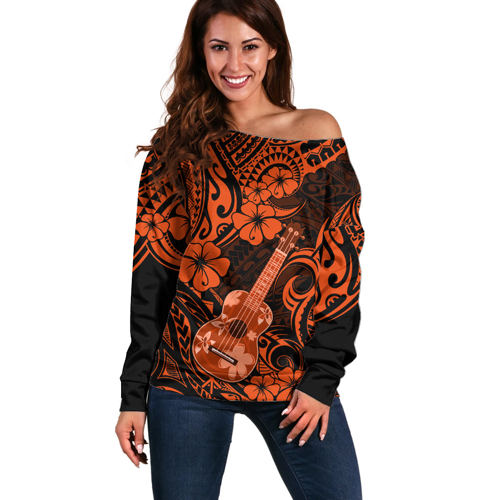 Hawaii Ukulele Off Shoulder Sweater Polynesian Pattern Orange Version LT01 Women Orange - Polynesian Pride