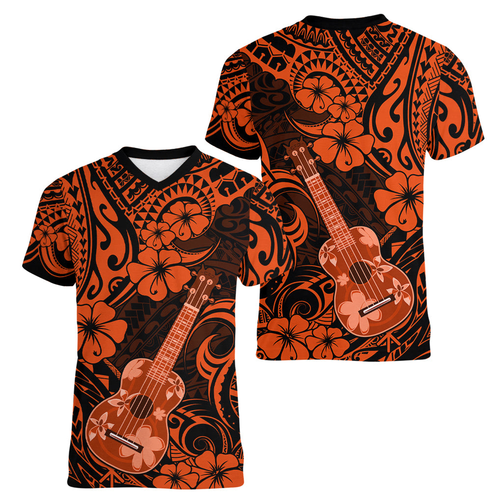 Hawaii Ukulele Women V Neck T Shirt Polynesian Pattern Orange Version LT01 - Polynesian Pride