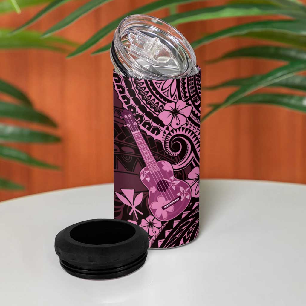Hawaii Ukulele 4 in 1 Can Cooler Tumbler Polynesian Pattern Pink Version