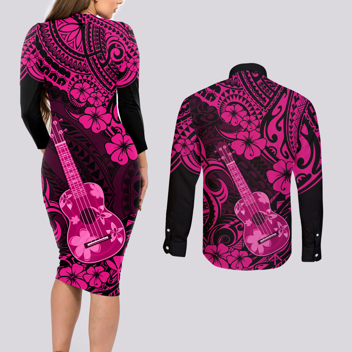 Hawaii Ukulele Couples Matching Long Sleeve Bodycon Dress and Long Sleeve Button Shirts Polynesian Pattern Pink Version LT01 - Polynesian Pride