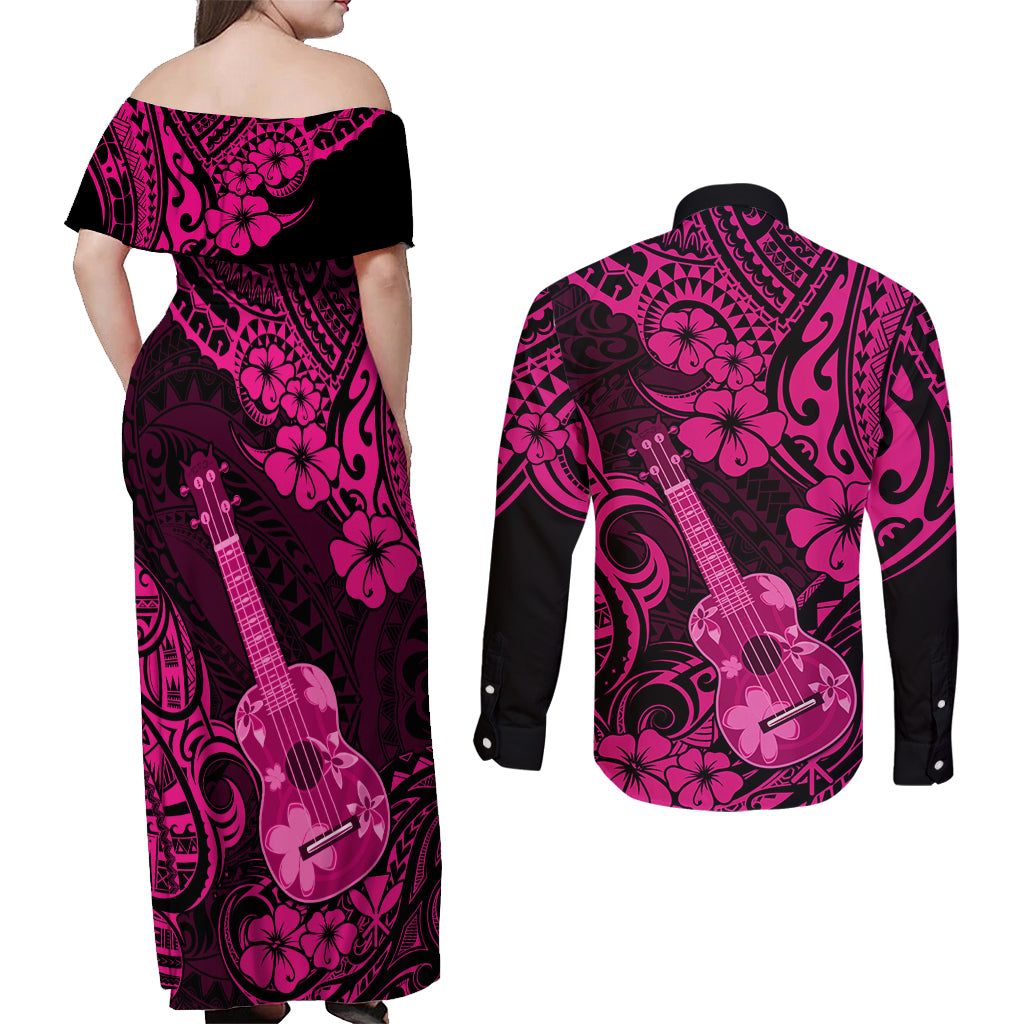 Hawaii Ukulele Couples Matching Off Shoulder Maxi Dress and Long Sleeve Button Shirts Polynesian Pattern Pink Version LT01 - Polynesian Pride